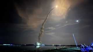 The trail of exhaust fumes left behind by NASA's Space Launch System moon rocket after its debut launch from NASA's Kennedy Space Center in Florida on Nov. 16, 2022.