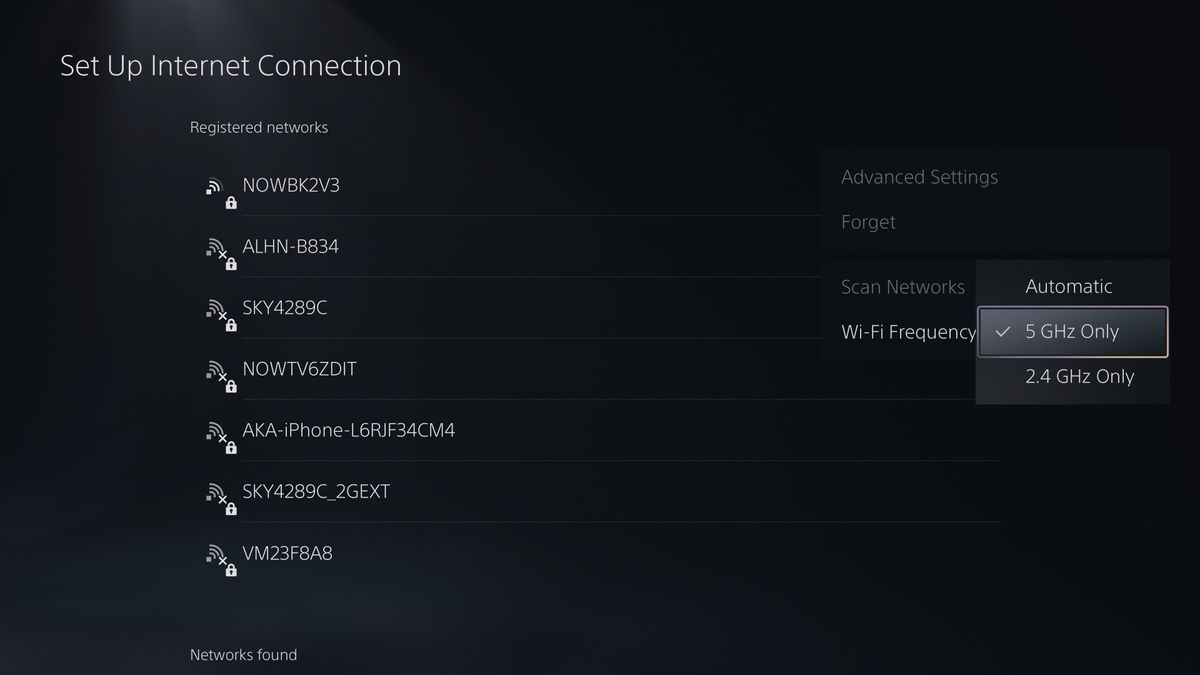 PS5 network settings menus