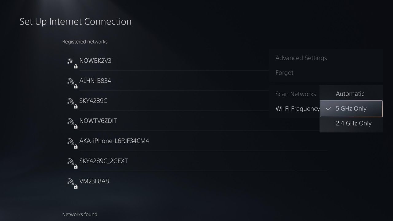 PS5 network settings menus