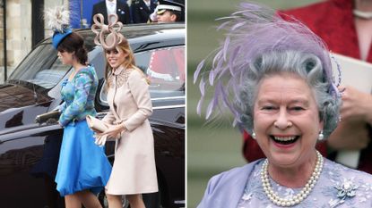 L-Princess Eugenie and Beatrice, R- Queen Elizabeth II