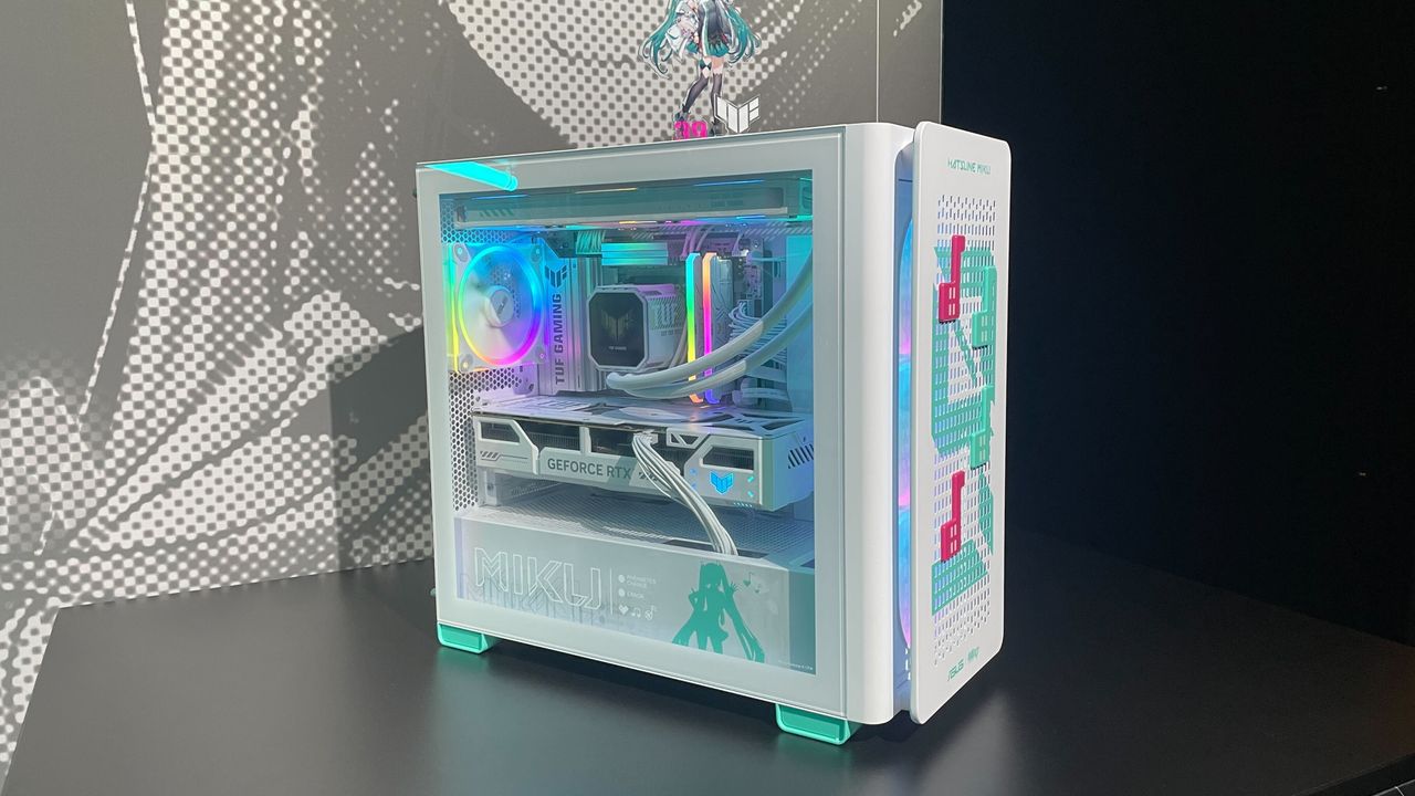 A showroom featuring many peripherals and bits of hardware from the Asus x Hatsune Miku collaboration.