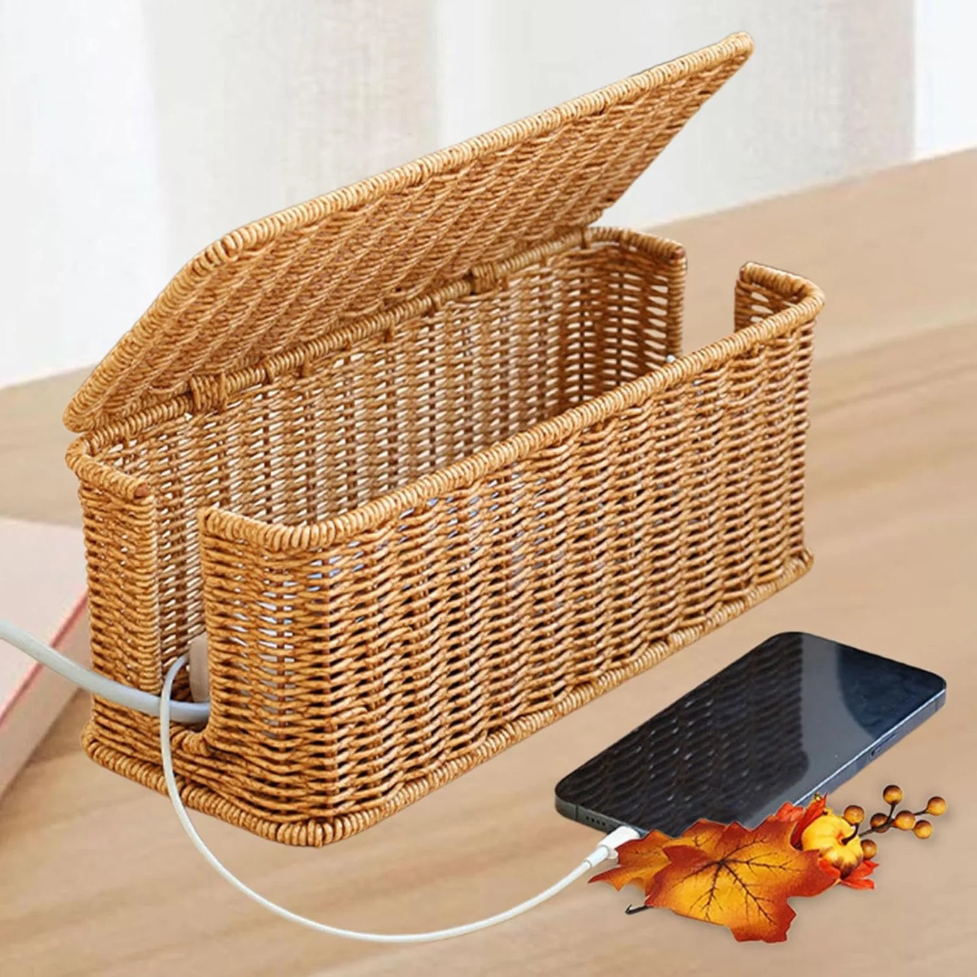a cable management box with an iphone