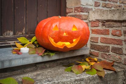 A carved pumpkin on a door step surrounded by autumn leaves