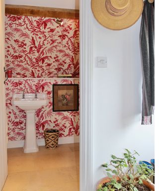 shower room with patterned wallpaper by Vanrenen GW Designs in Sarah Vanrenen Wiltshire country barn