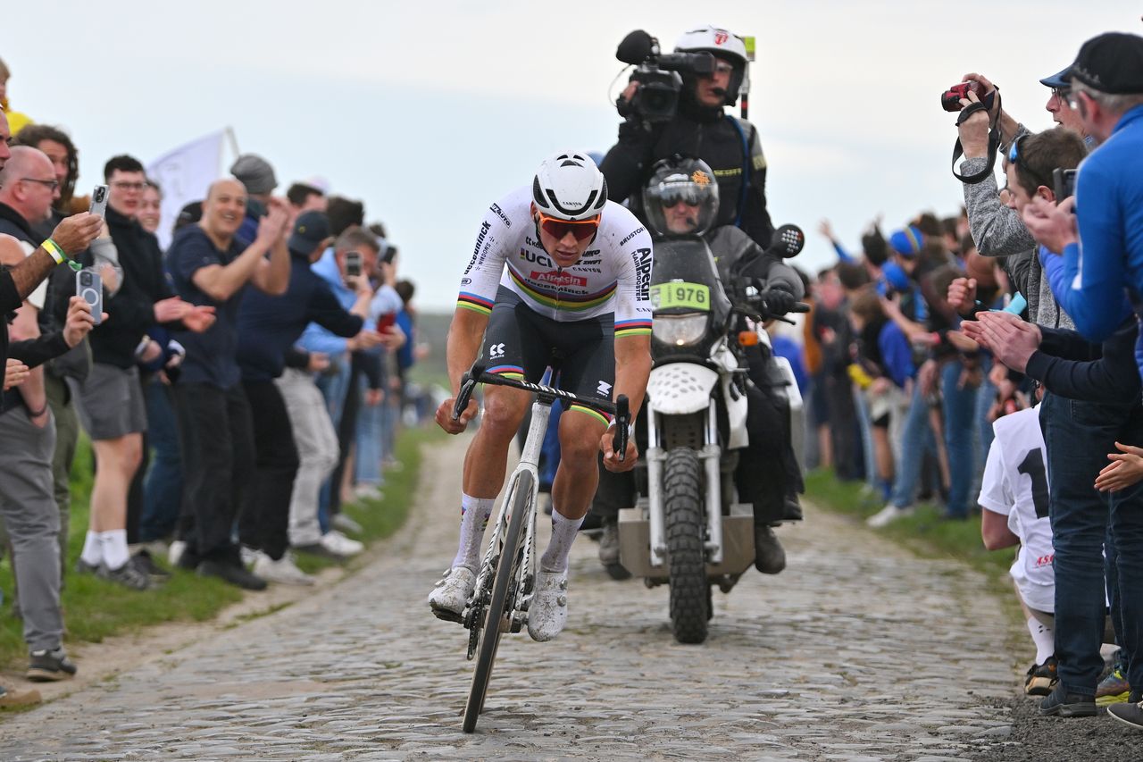 Mathieu van der Poel being followed by a camera motorbike at Paris-Roubaix in 2024