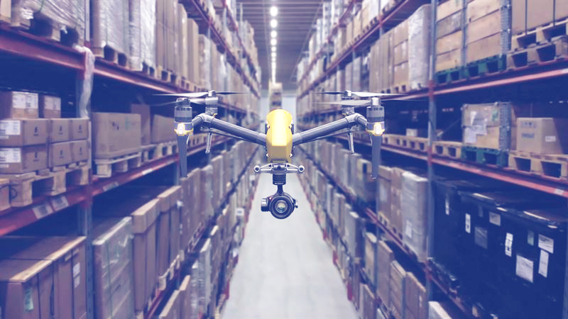 Ericsson drone in a warehouse.