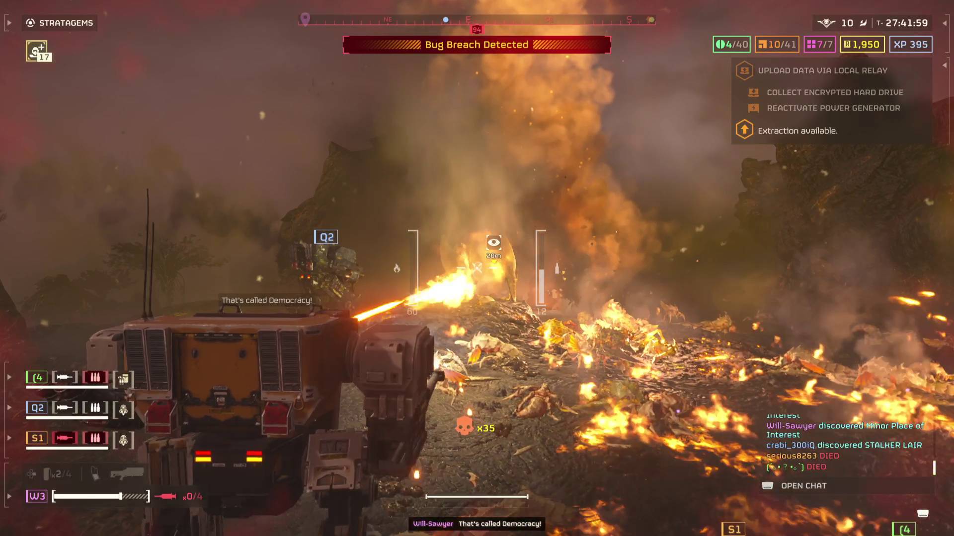 Helldivers 2 Exo Experts Warbond Lumberer exosuit using flamethrower on terminids while another player attacks in Breakthrough exosuit