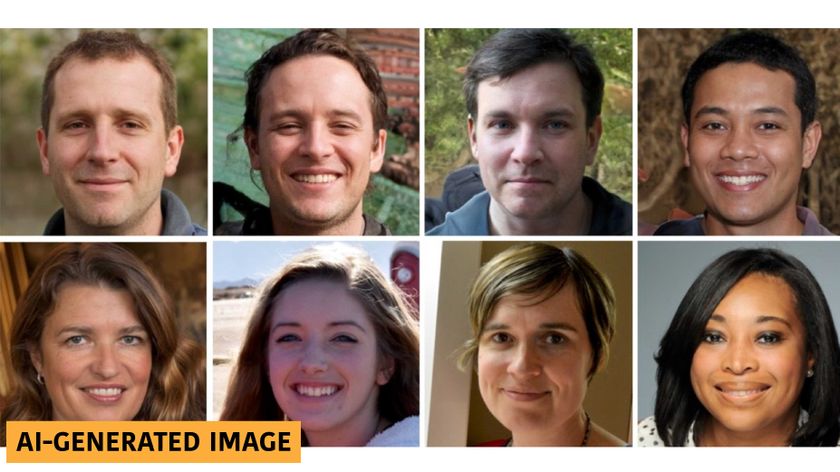 Eight images of a single face. Top row are AI fake faces, bottom row are real faces. 