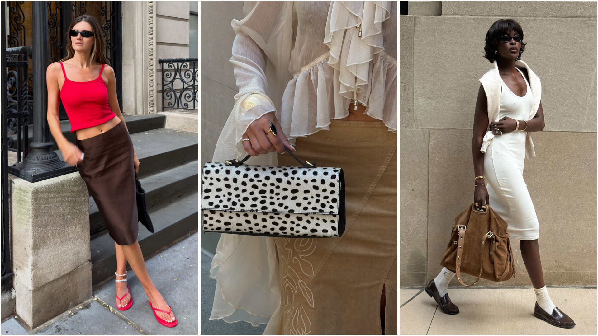 Three images of influencers in the Upper East Side, wearing tomato red, Dalmatian print and stacked jewellery trends