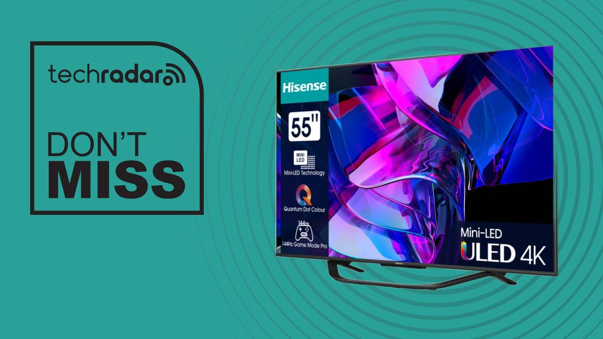 Hisense U7K on teal background with words &#039;TechRadar: Don&#039;t miss&#039; positioned to the left of the TV.