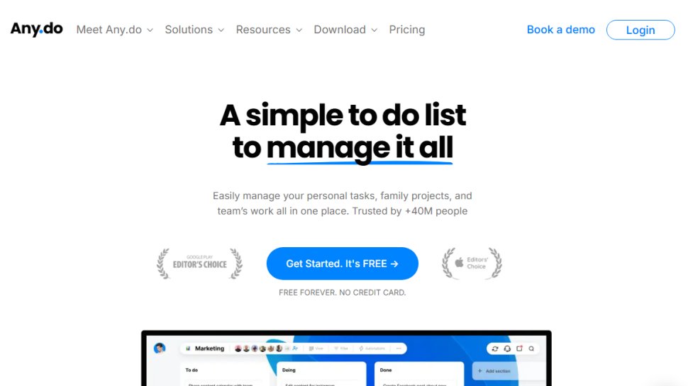 Website screenshot of Any.do (September, 2025)