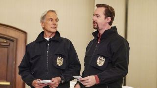 Mark Harmon's Gibbs looking at Sean Murray's McGee on NCIS