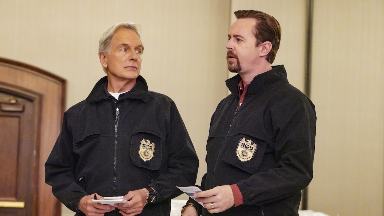 Mark Harmon's Gibbs looking at Sean Murray's McGee on NCIS