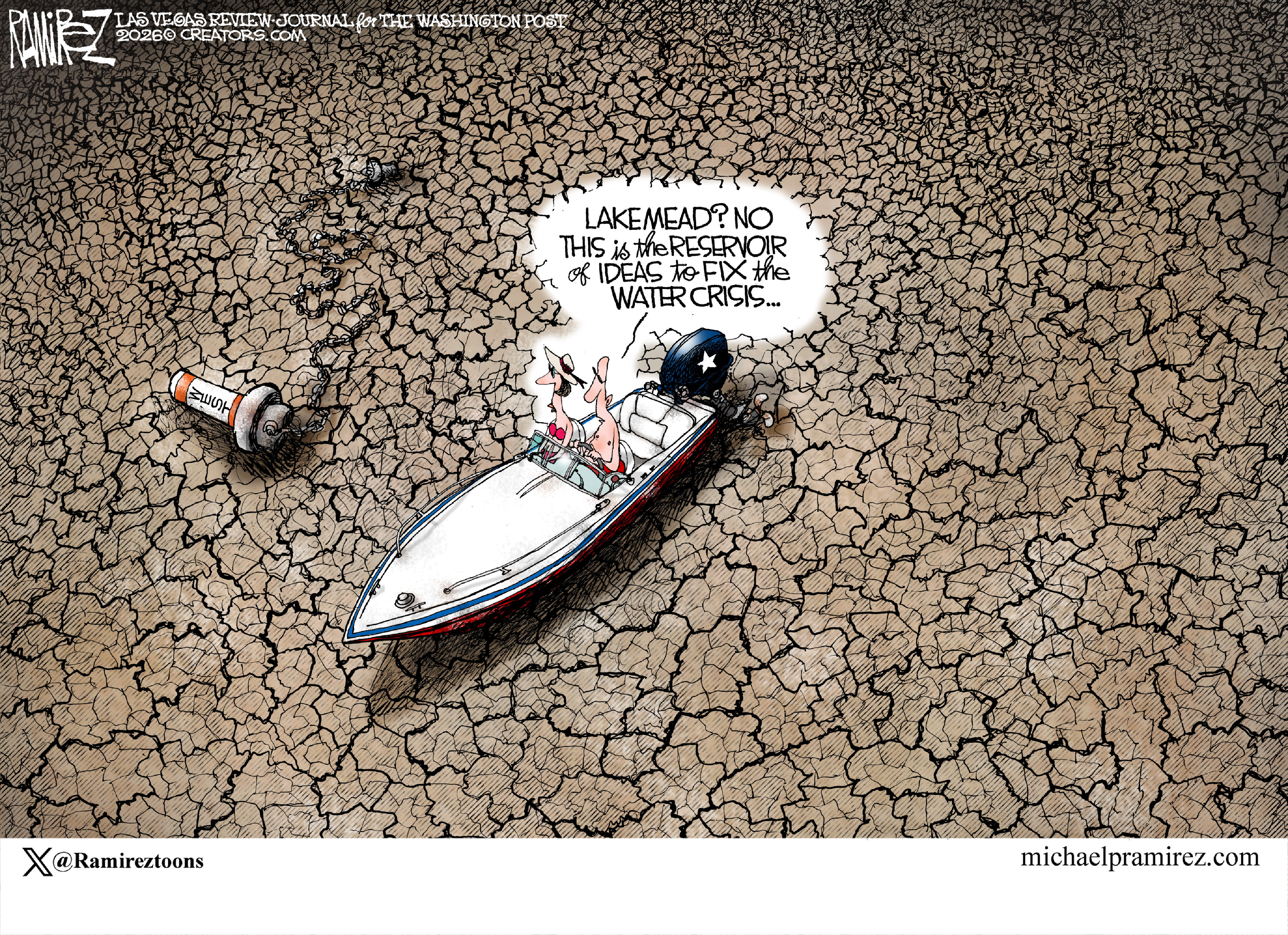 A woman and man are in a speedboat that is stuck on dry, parched land. The man says, &amp;ldquo;Lake Mead? No. This is the reservoir of ideas to fix the water crisis.&amp;rdquo;