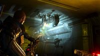 A soldier in futuristic armor fires a weapon at an alien on a sci-fi spaceship. The scene is tense, with sparks flying and dramatic shadows.