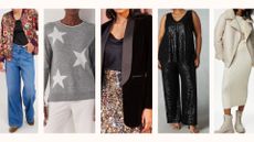 5 models wearing: an embroidered bomber jacket, grey cashmere jumper with white stars, velvet tuxedo jacket, sequin top and trouser, M&S white aviator jacket