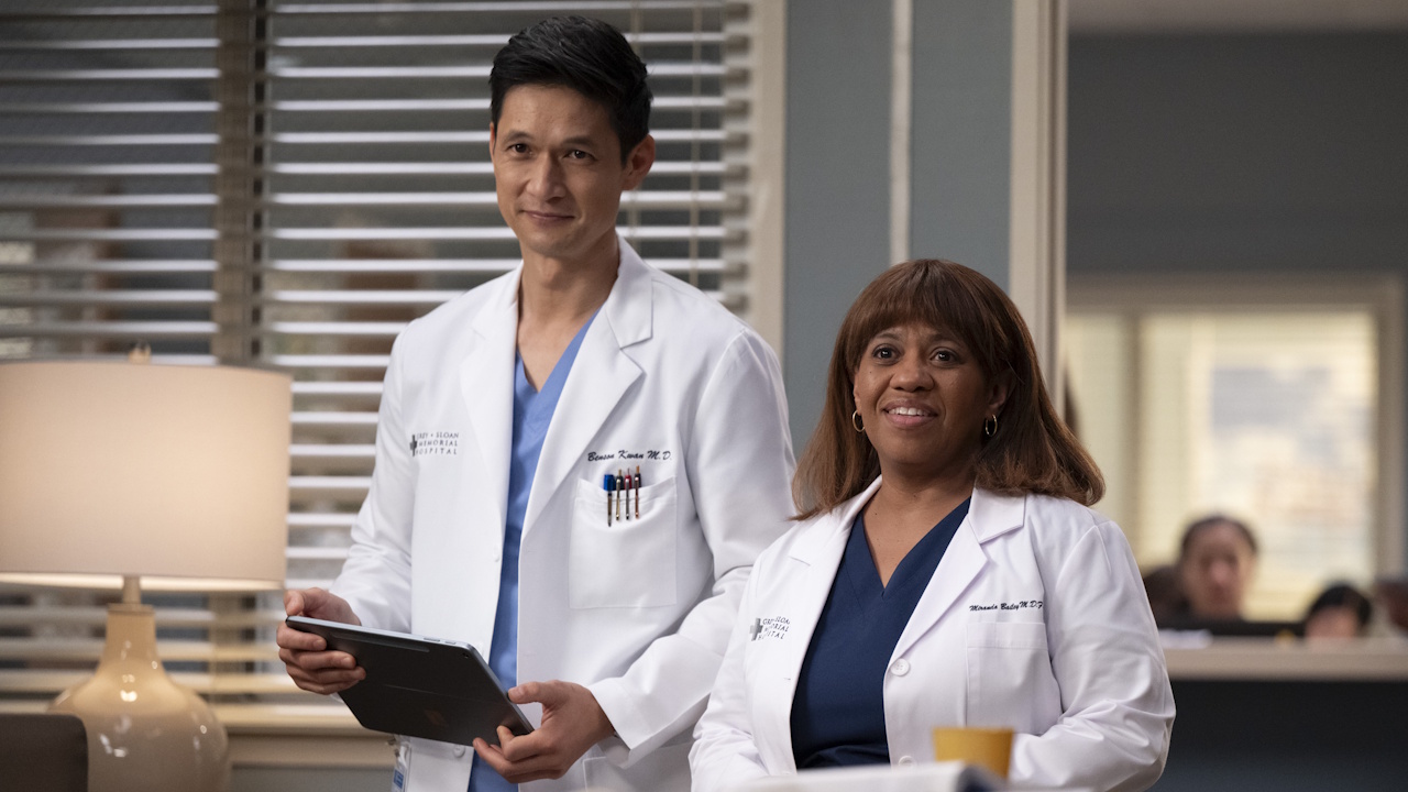 Benson Blue Kwan (Harry Shum Jr.) and Miranda Bailey (Chandra Wilson) are shown in a Grey's Anatomy Season 22 episode.