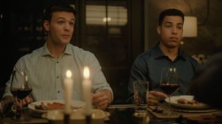 Sean Reagan (Mika Amonsen) and (Jonah Silver) Marcus Scribnersit at the dinner table on Boston Blue.