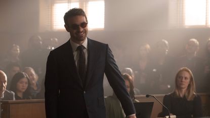 Matt Murdock (Charlie Cox) at the trial of Wilson Fisk/Kingpin in episode 7 of Daredevil: Born Again season 2.
