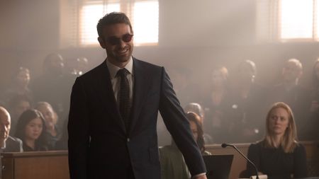 Matt Murdock (Charlie Cox) at the trial of Wilson Fisk/Kingpin in episode 7 of Daredevil: Born Again season 2.