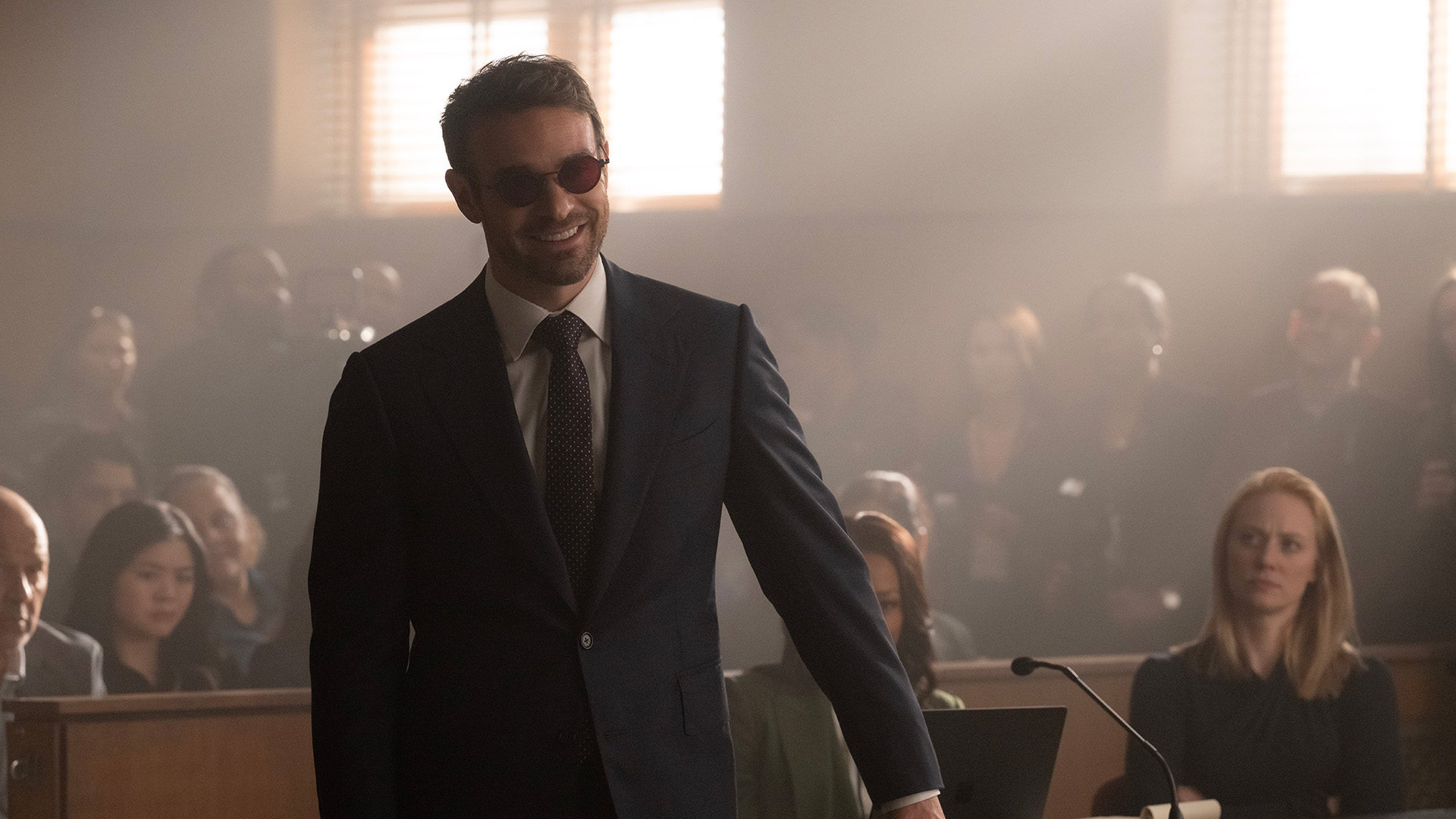 Matt Murdock (Charlie Cox) at the trial of Wilson Fisk/Kingpin in episode 7 of Daredevil: Born Again season 2.