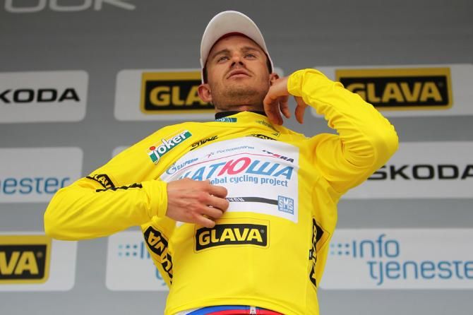 Alexander Kristoff (Katusha) dons the first leader's jersey at the Glava Tour of Norway