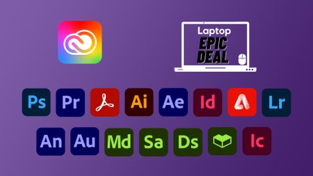 Adobe application badges on a purple gradient background, with a Laptop Mag "Epic Deal" badge