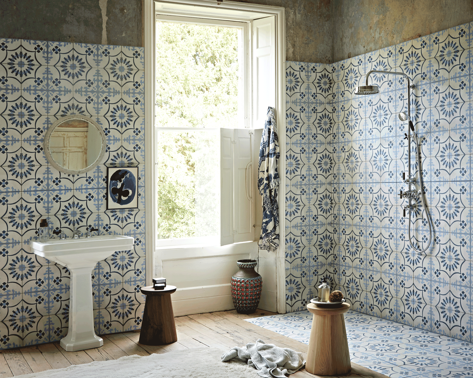 wet room with blue patterned tiles on walls and floor