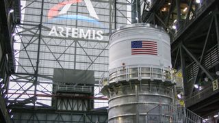 The Interim Cryogenic Propulsion Stage of the Space Launch System rocket will be attached to the Launch Vehicle Stage Adaptor atop the core stage.