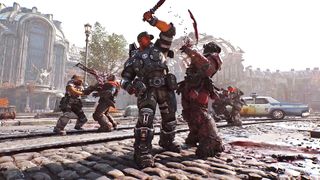 A soldier in heavy armor swings a blade at an armored enemy on a cobblestone street in front of a damaged building with a vintage police car nearby.