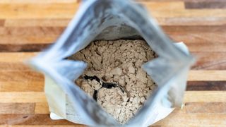 An open bag of protein powder