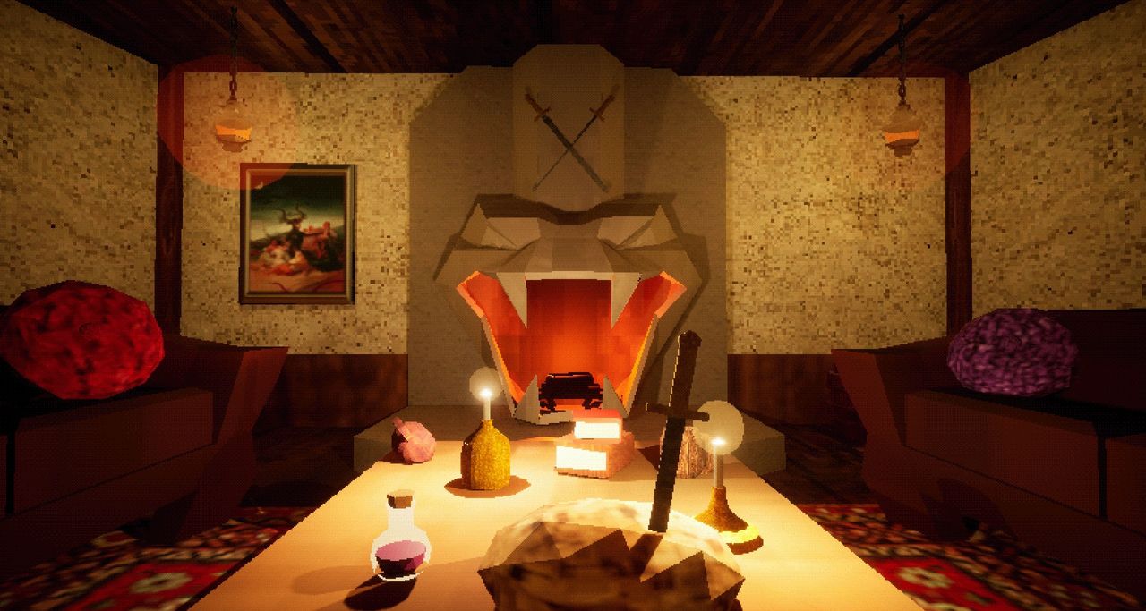 cozy view of serpent's mouth-shaped fireplace in background, table in foreground with scattered foodstuffs, drinks, and a loaf of bread with a dagger in it. Couches visible off to either side.