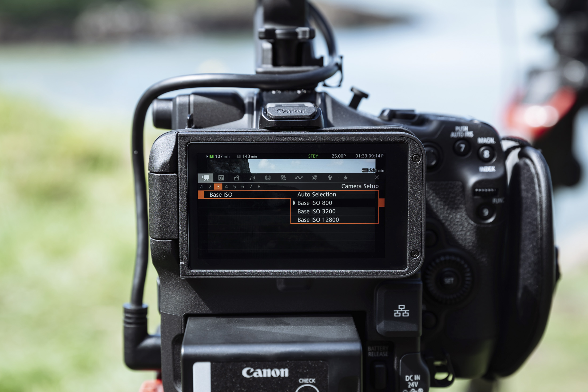 Canon EOS C80 cinema camera triple base ISO on screen