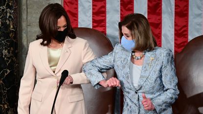 U.S. Vice President Kamala Harris, left, greets U.S. House Speaker Nancy Pelosi, a Democrat from California, before a joint session of Congress at the U.S. 