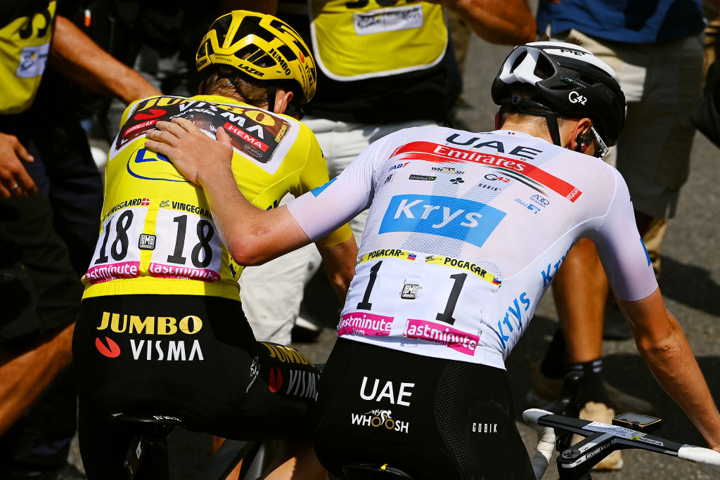 PEYRAGUDES FRANCE JULY 20 LR Jonas Vingegaard Rasmussen of Denmark and Team Jumbo Visma Yellow Leader Jersey and Tadej Pogacar of Slovenia and UAE Team Emirates White Best Young Rider Jersey react after the 109th Tour de France 2022 Stage 17 a 1297km stage from SaintGaudens to Peyragudes 1580m TDF2022 WorldTour on July 20 2022 in Peyragudes France Photo by Tim de WaeleGetty Images