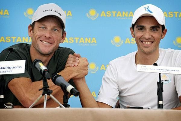 Lance Armstrong with Alberto Contador at the team's training camp
