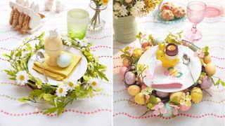 A composite image of two different place settings. A chocolate dippy egg in a yellow bunny egg cup on a white napkin, with an embroidered butterfly, on a white plate, surrounded by an Easter egg wreath, with a vase of Spring flowers, a pink wine glass and plate of hot cross buns in the background on a white tablecloth with a wavy design.