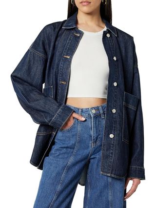 The Drop Women's Pilar Long Denim Shirt Jacket, Dark Indigo, M