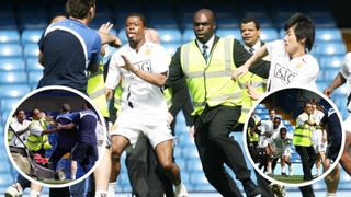 26/04/08 BARCLAYS PREMIERSHIP.CHELSEA v MANCHESTER UTD.STAMFORD BRIDGE - LONDON.All hell breaks loose after the game as Manchester Utd stars grapple with Chelsea ground staff (Photo by SNS Group via Getty Images)