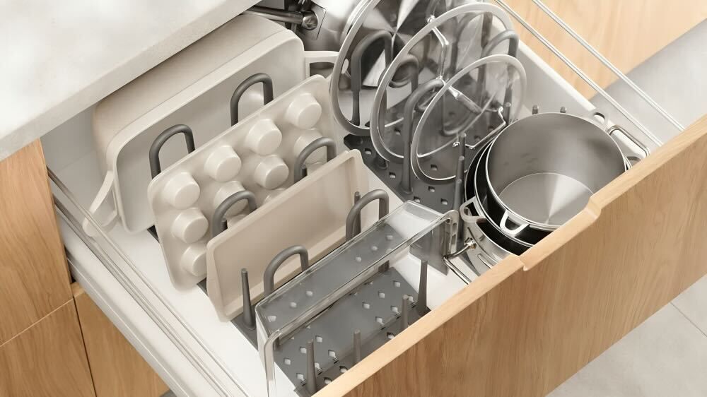 An umbra pegboard organizer in a drawer holding baking trays and pan lids