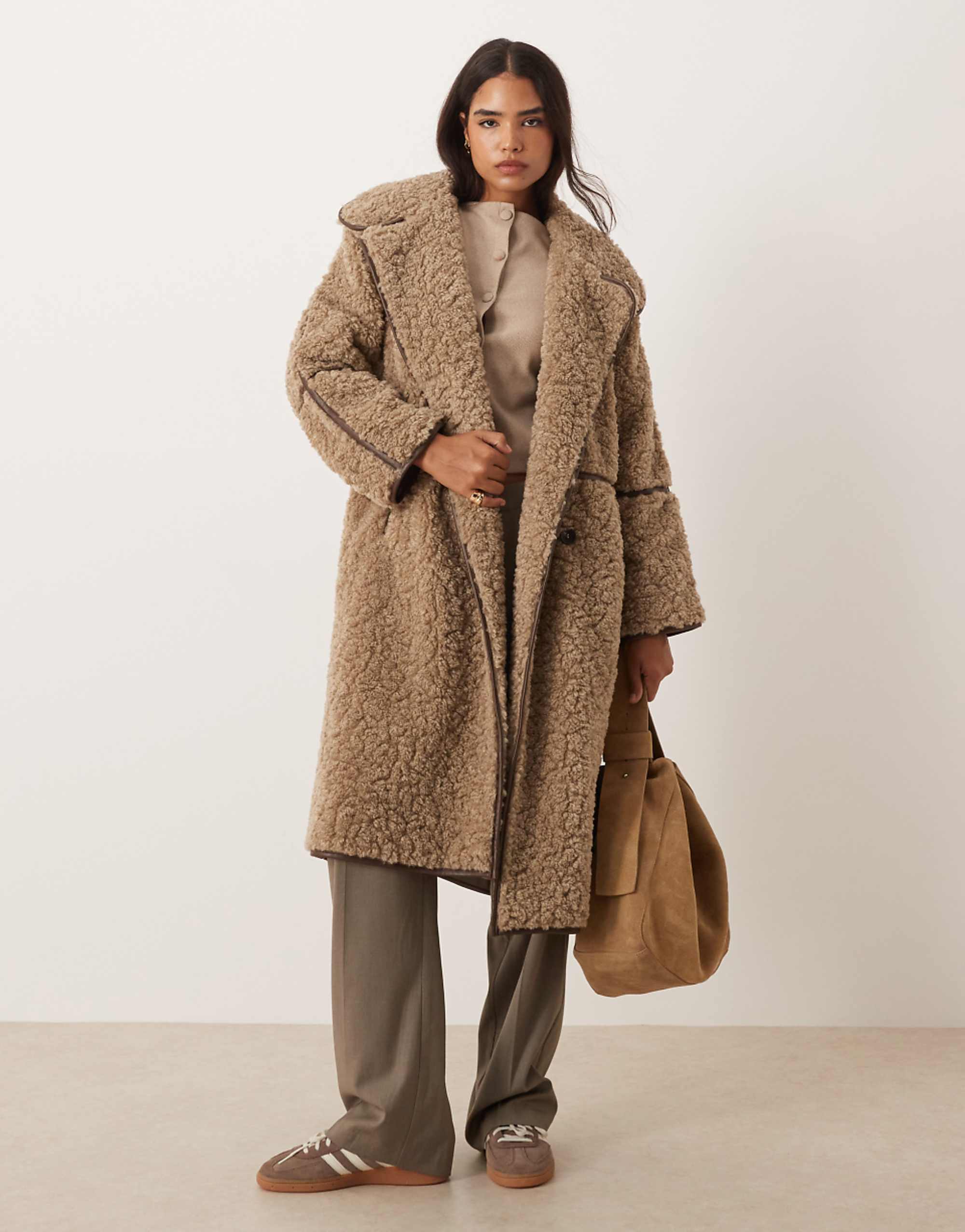 Asos Design Longline Shearling Coat in Oatmeal