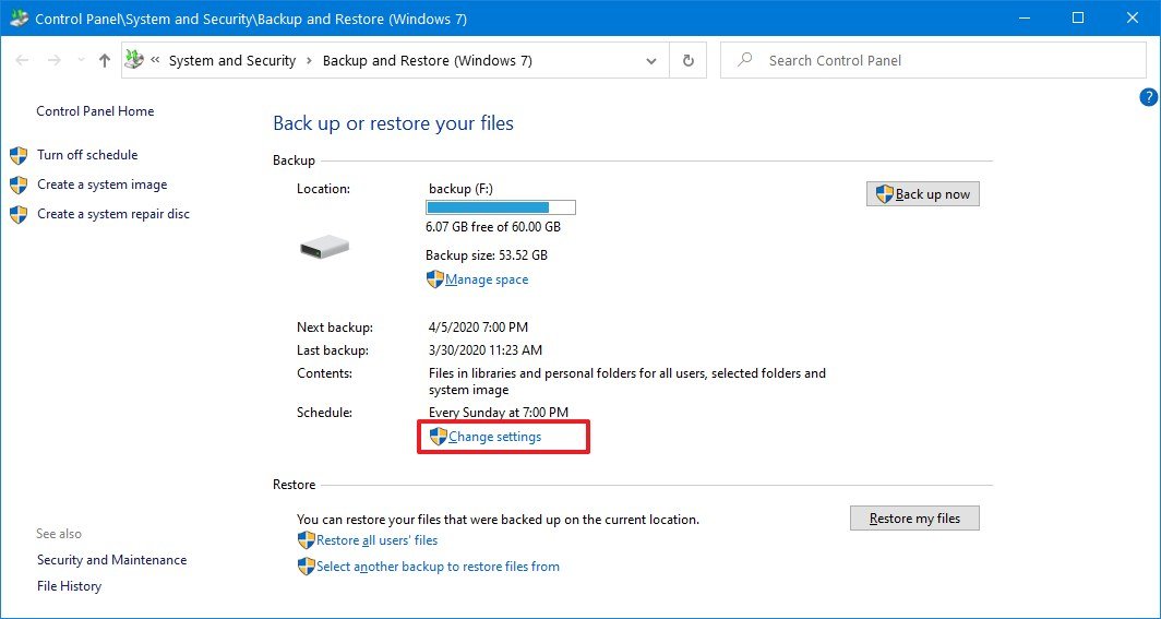 Windows 10 backup change settings option
