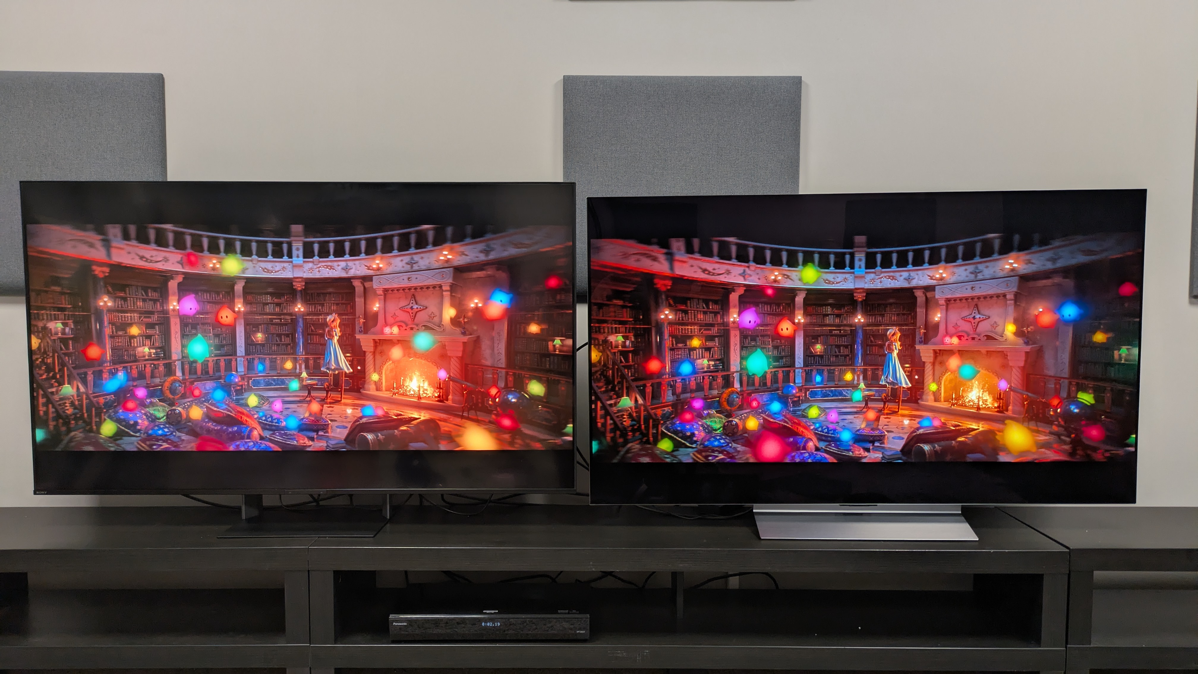Sony Bravia 7 II (left) vs LG C6 (right) showing shot of Rosalina with Lumas from Super Mario Galaxy Movie. Both TVs shows bold vibrant colors, but the C6's are deeper, while the Bravia's are brighter