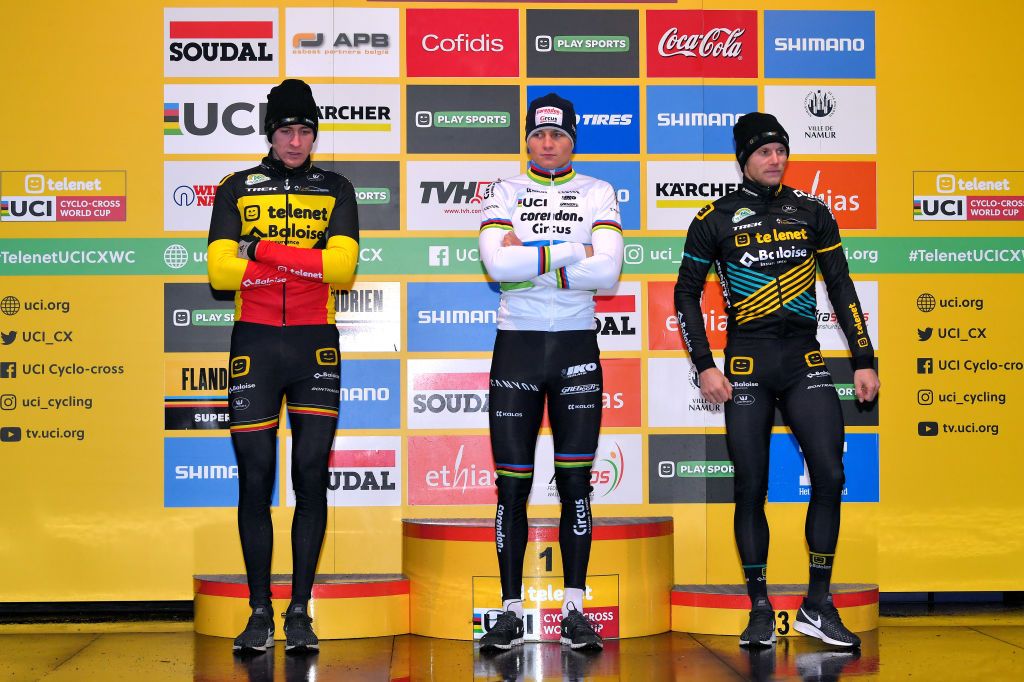 NAMUR BELGIUM DECEMBER 22 Podium Toon Aerts of Belgium and Team Telenet Baloise Lions Mathieu Van Der Poel of The Netherlands and Team Corendon Circus Corne Van Kessel of The Netherlands and Team Telenet Baloise Lions Celebration during the 11th Namur World Cup 2019 UCICX TelenetUCICXWC on December 22 2019 in Namur Belgium Photo by Luc ClaessenGetty Images