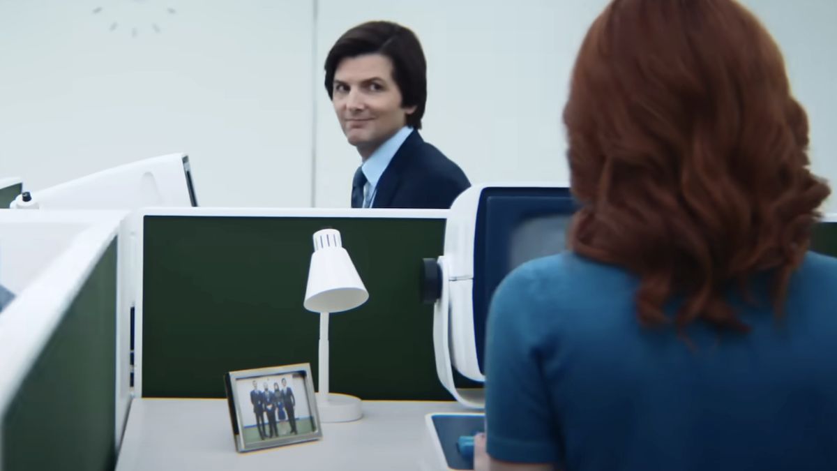 Mark smiling at Helly over cubicle wall in Severance Season 2