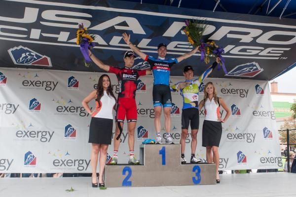 The stage five podium (L-R): Taylor Phinney (BMC), 2nd; Tyler Farrar (Garmin-Sharp), 1st; Alessandro Bazzana (Team Type 1-Sanofi), 3rd