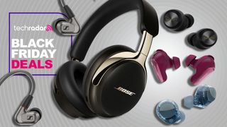 A selection of headphones and earbuds on gray background with TechRadar's 'Black Friday deals' badge 