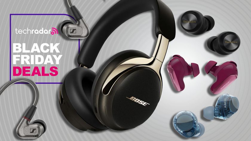 A selection of headphones and earbuds on gray background with TechRadar&#039;s &#039;Black Friday deals&#039; badge 