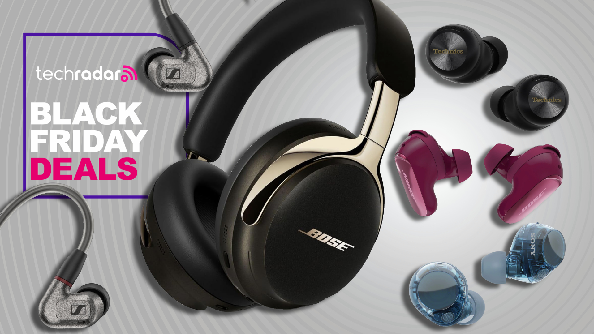 A selection of headphones and earbuds on gray background with TechRadar&#039;s &#039;Black Friday deals&#039; badge 