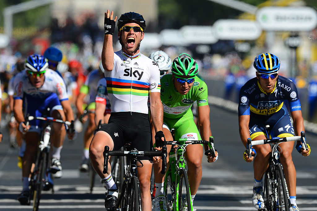 Cycling : 99th Tour de France 2012 / Stage 20 Arrival / Mark Cavendish (GBr) Celebration Joie Vreugde / Peter Sagan (Svk) Green Jersey / Juan Jose Haedo (Arg)/ Rambouillet - Paris Champs-Elysees (120Km)/ Ronde van Frankrijk TDF / Rit Stage /(c)Tim De Waele